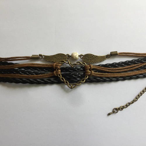 Bracelet éthnique mode 6 rangs marron cordon coton ciré breloques perle métal bronze