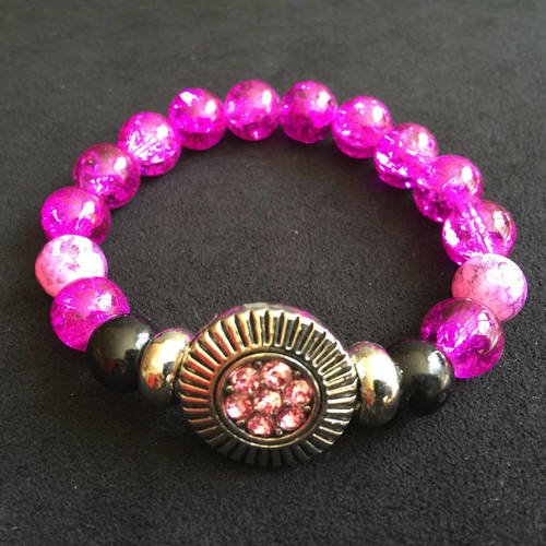 Bracelet mode élastique belles perles fuchsia roses et noires bijou bouton pression strass roses 5,5 mm