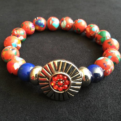 Bracelet mode élastique belles perles rouges multicolores bleues bijou bouton pression 5,5 mm