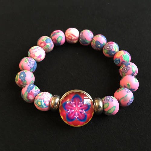 Bracelet mode élastique belles perles pâte polymère fleurs multicolores bijou bouton pression 5,5mm