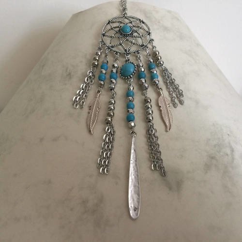 Sautoir style éthnique métal argenté perles turquoises