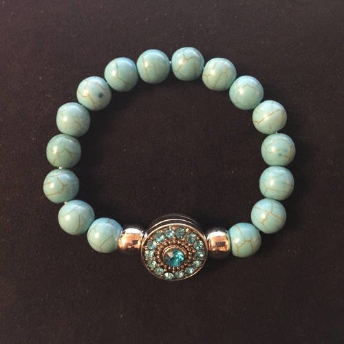 Bracelet mode élastique belles perles turquoise et argent bijou bouton pression strass bleus 5,5 mm