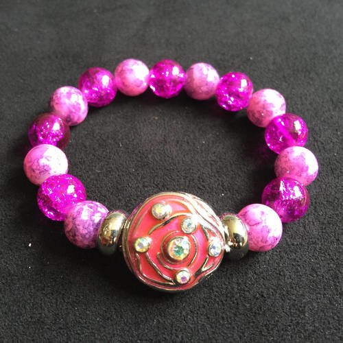 Bracelet mode élastique belles perles rose fuchsia rainurées bijou bouton pression 5,5mm