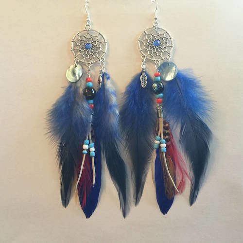 Boucles d'oreilles plumes bleues attrape-rêves supports argentés 19 cm