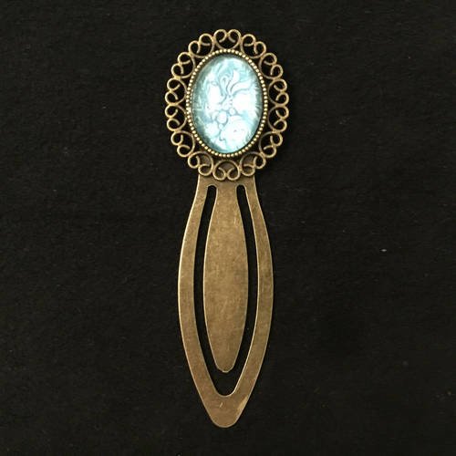 Marque-pages rustique support filigrane bronze cabochon oval verre motif floral turquoise