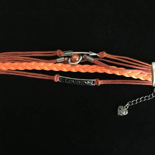 Bracelet enfant mode 5 rangs orange cordon coton ciré breloques perle 16.5 cm