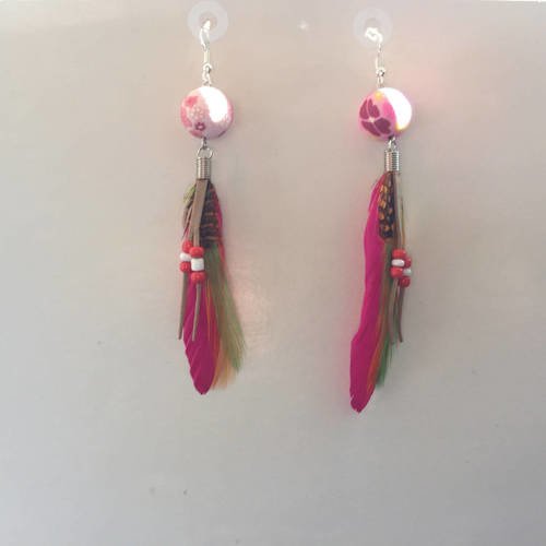 Boucles d'oreille plumes rose supports argentés 12 cm