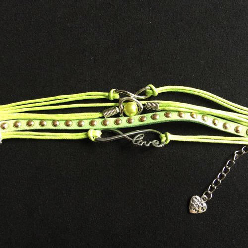 Bracelet enfant mode 5 rangs vert fluo cordon coton ciré breloques perle