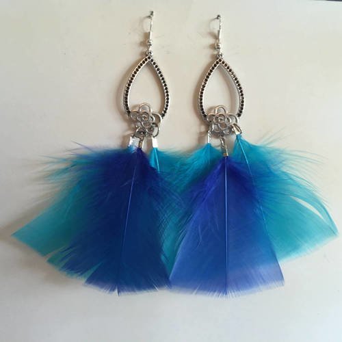 Boucles d'oreilles plumes bleues supports argentés 12 cm