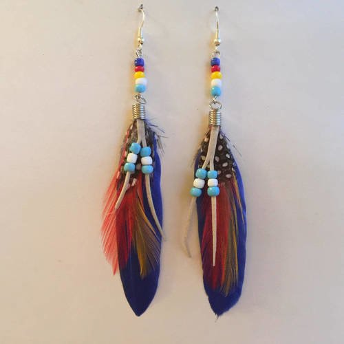 Boucles d'oreilles plumes bleues supports argentés 12 cm