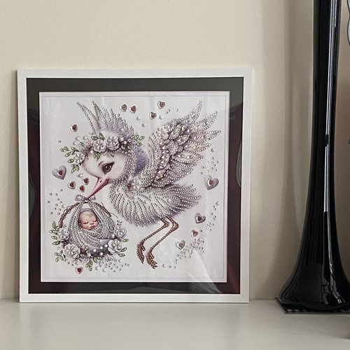 Tableau décoration murale, tableau diamants painting, cigogne amenant bébé, 30x30 cm