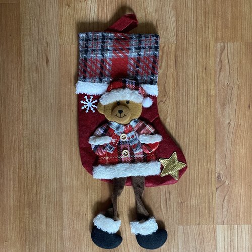 Botte de noël, chaussette ours à suspendre, 36x17 cm