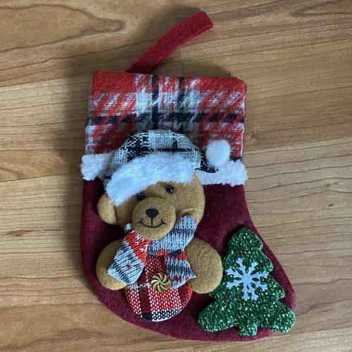 Botte de noël, botte ours, chaussette père noêl, à suspendre, 17x13cm