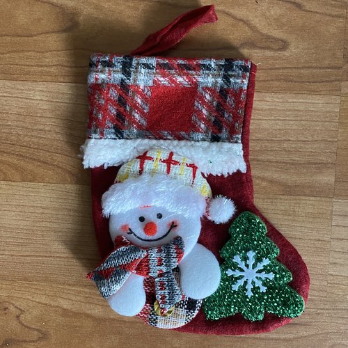 Botte de noël, botte bonhomme de neige, chaussette père noêl, à suspendre, 17x13cm
