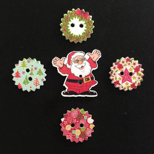 5 boutons, sewing button, christmas button, joce150652creaconcep, bouton bois, bouton rond, bouton 2 trous, motifs noël, bouton arc en ciel,