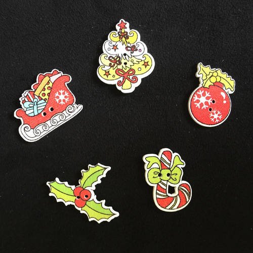 5 boutons, boutons, sewing button, christmas button, joce150652creaconcep, bouton bois, bouton 2 trous, motifs noël, bouton arc en ciel,