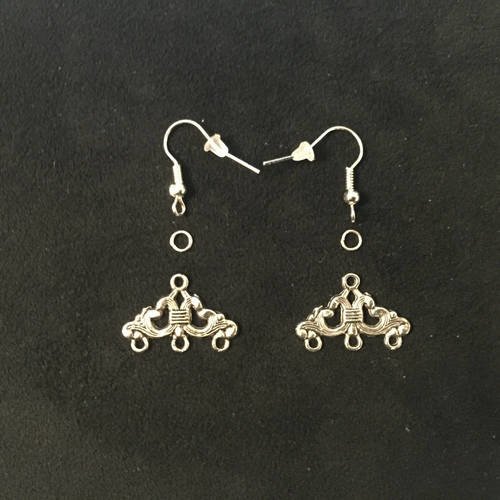 Kit paire boucles d'oreilles connecteurs 3 crochets métal antique argenté