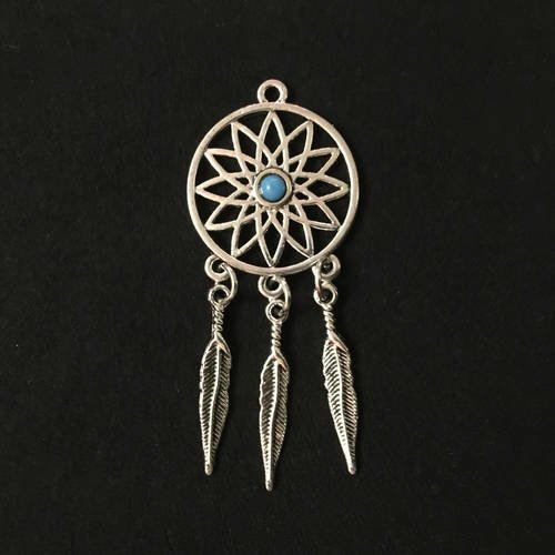 2 pendentif support boucles d'oreilles rond filigrané fleur perle bleue breloques plumes métal argenté
