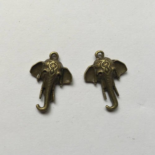 2 breloques têtes d'éléphants éthniques en métal bronze 25x18 mm