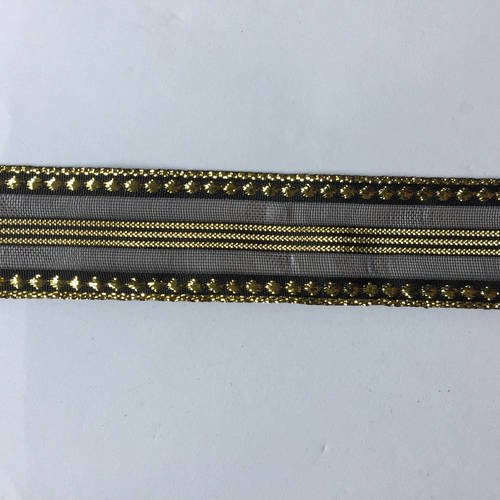 Ruban de haute qualité tissé sur tulle noir rayures et festons de fil doré 2,5 cm