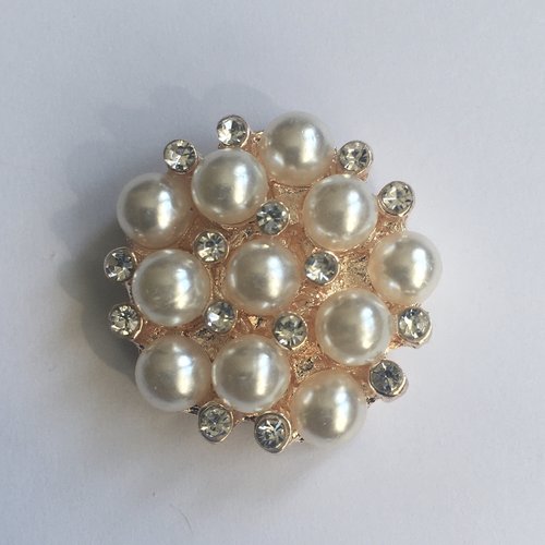Embellissement bouton rond dos plat à coller strass perles nacrées 2 cm doré