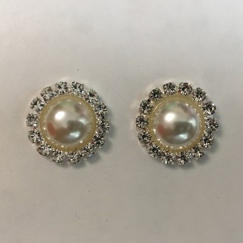 2 embellissements bouton rond dos plat à coller, strass, perle nacrée,  18 mm
