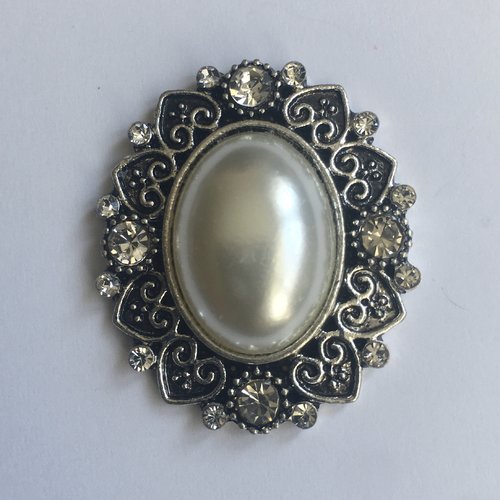 Embellissement bouton dos plat oval argenté à coller perle nacrée 32x25 mm