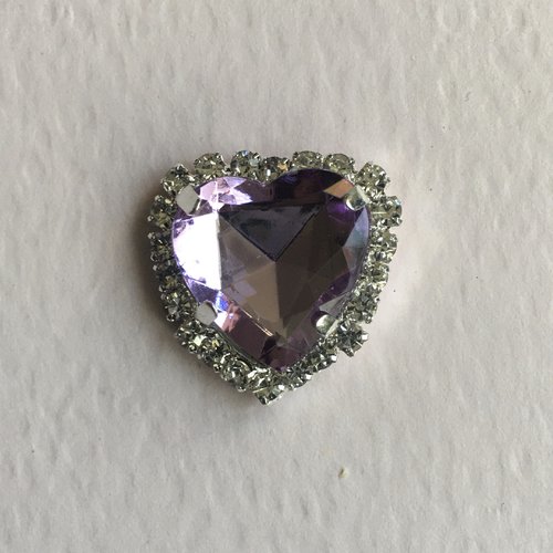 Embellissement bouton coeur argenté à coller strass violet 20x18 mm
