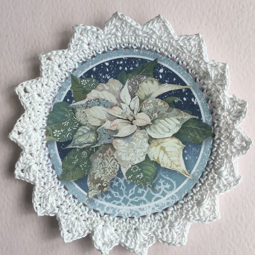Image crochetée fleur poinsettia blanche, neige, thème contes de noël
