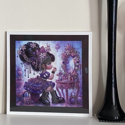 Tableau décoration murale, tableau diamants painting, fillette devant sa coiffeuse, 30x30 cm