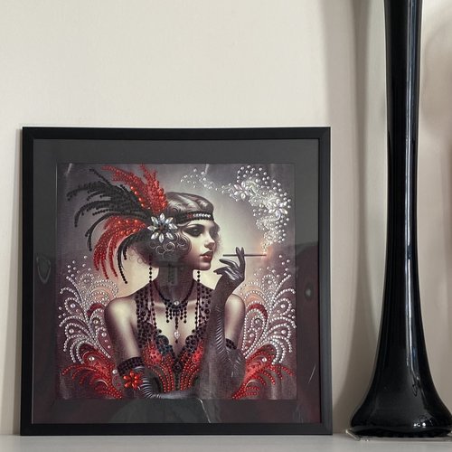 Tableau décoration murale, tableau diamants painting, femme rétro et mystère, 30x30 cm