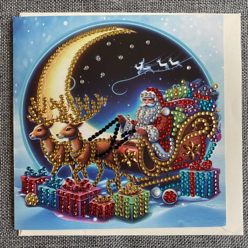 Carte de noêl "père noêl sur son traineau magiquel" en diamond painting - avec enveloppe