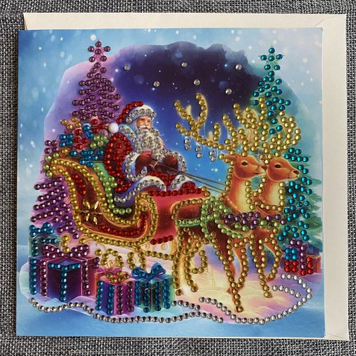 Carte de noêl "père noêl sur son traineau magiquel" en diamond painting - avec enveloppe