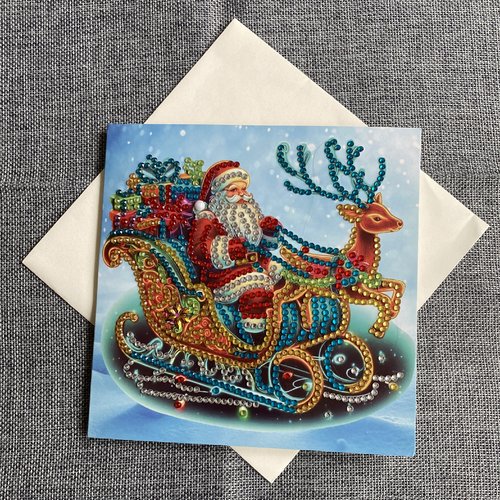 Carte de noêl "père noêl sur son traineau magiquel" en diamond painting - avec enveloppe