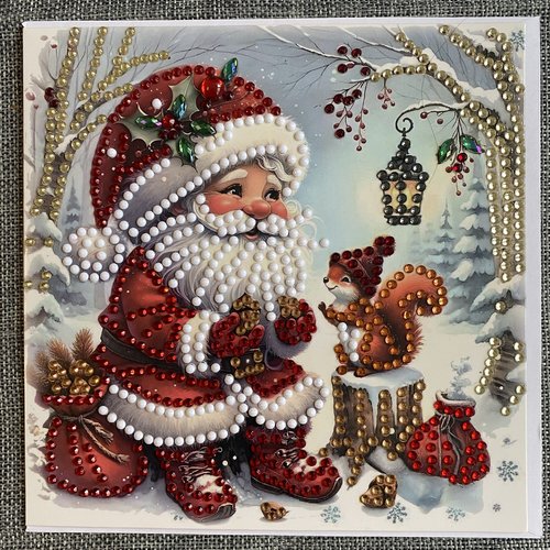 Carte de noêl "père noêl avec un petit écureuill" en diamond painting - avec enveloppe
