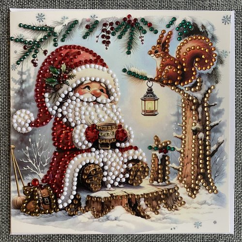 Carte de noêl "père noêl avec un petit écureuill" en diamond painting - avec enveloppe