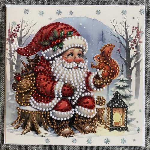 Carte de noêl "père noêl avec un petit écureuill" en diamond painting - avec enveloppe