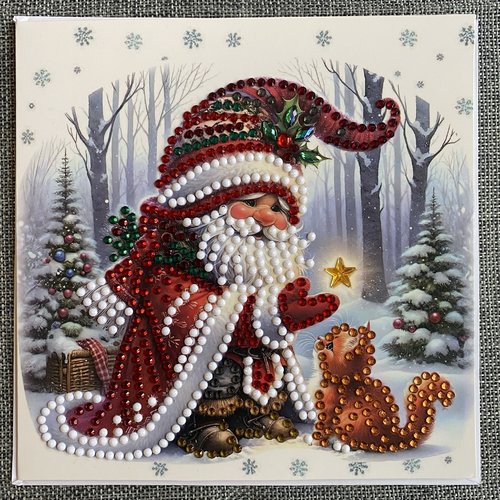 Carte de noêl "père noêl avec un petit chat" en diamond painting - avec enveloppe