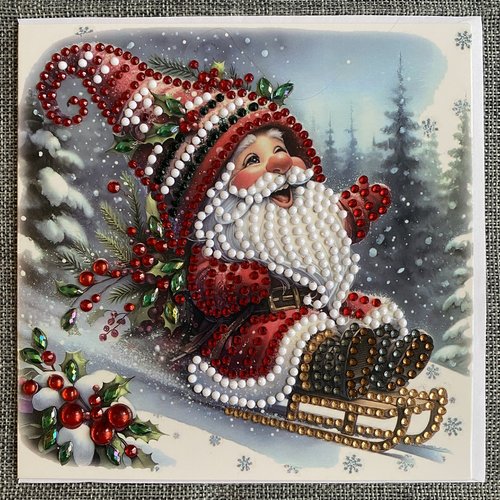Carte de noêl "père noêl glissant sur la neige" en diamond painting - avec enveloppe