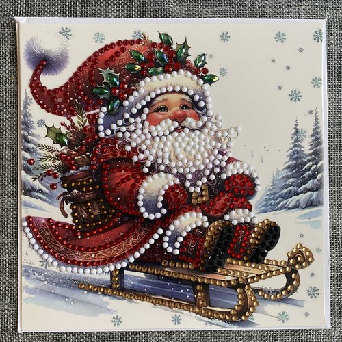 Carte de noêl "père noêl glissant sur la neige" en diamond painting - avec enveloppe