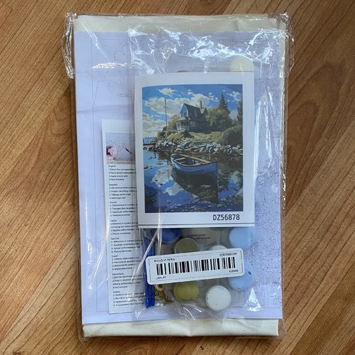 Kit toile à peindre par numéros "maison en bord de mer et barque" - 40x50 cm