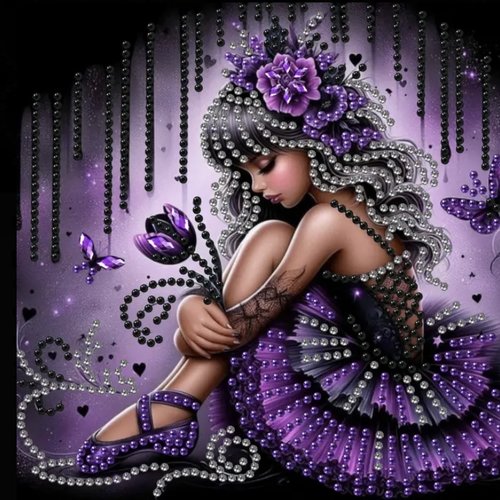 Kit diamond painting partiel à réaliser soi-même, format 20x20 cm, jeune danseuse aux strass et fleurs pourpres