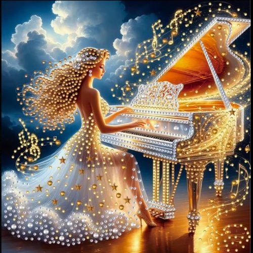 Kit diamond painting partiel à réaliser soi-même, format 30x30 cm, pianiste scintillante, mélodie d'or
