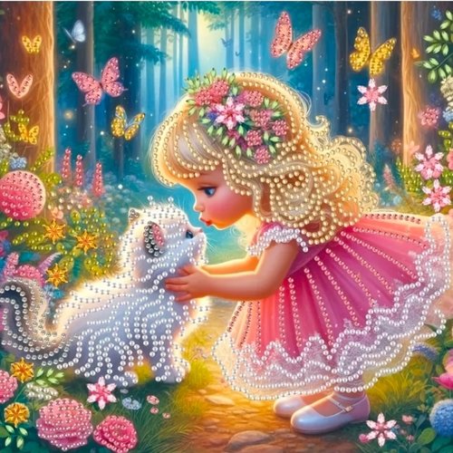 Kit diamond painting partiel à réaliser soi-même, format 30x30 cm, petite fille et son chat