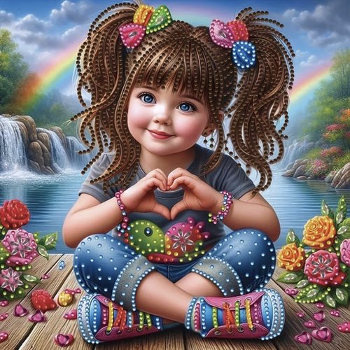 Kit diamond painting partiel à réaliser soi-même, format 30x30 cm, petite fille envoyant un coeur