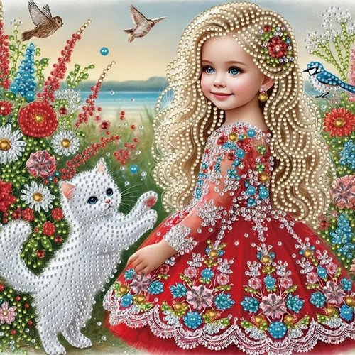 Kit diamond painting partiel à réaliser soi-même, format 30x30 cm, petite fille et son chaton blanc
