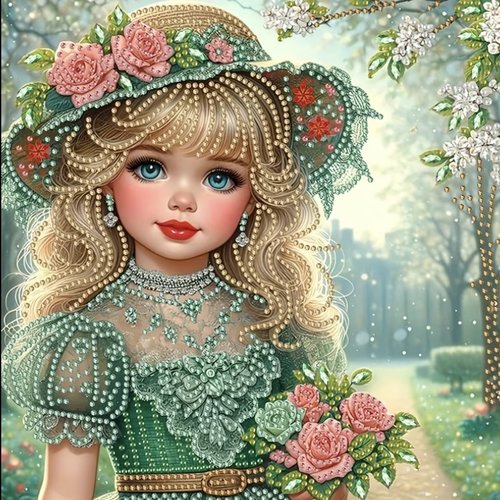 Kit diamond painting partiel à réaliser soi-même, format 30x30 cm, élégante jeune fille au chapeau fleuri