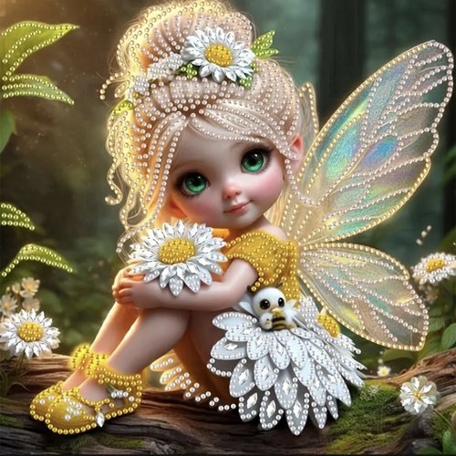 Kit diamond painting partiel à réaliser soi-même, format 30x30 cm, petite fée aux marguerites