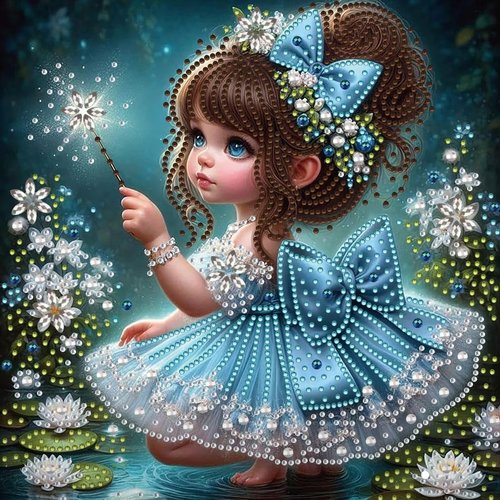Kit diamond painting partiel à réaliser soi-même, format 30x30 cm, petite fée bleue au bord de l'eau