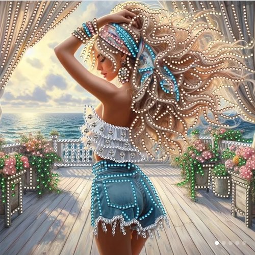 Kit diamond painting partiel à réaliser soi-même, format 30x30 cm, femme glamour sur la terrasse au bord de mer